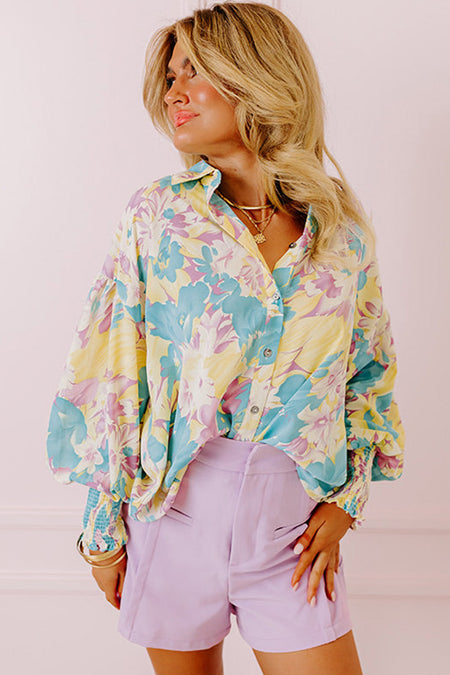 Allover Print Shirred Cuff Oversized Shirt