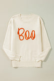 Boo Knitted Pattern Ribbed Edge Drop Shoulder Sweater