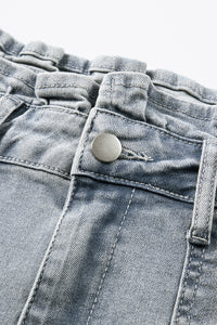 Ruffled High Waist Flap Pockets Denim Shorts