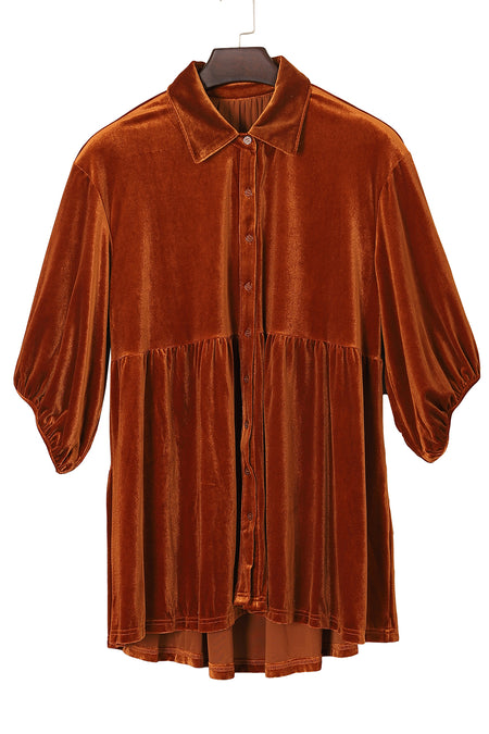 Chestnut 3/4 Sleeve Tunic Babydoll Velvet Shirt