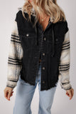 Plaid Sleeve Frayed Hem Hooded Denim Jacket