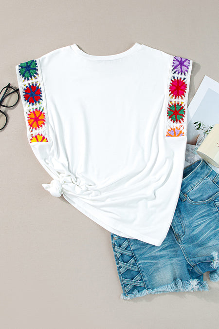 Floral Crochet Sleeve Crew Neck Top