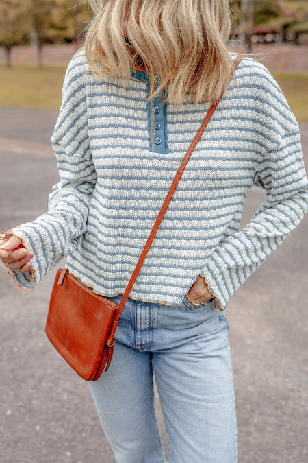 Stripe Textured Frilly Trim Buttons Henley Long Sleeve Top