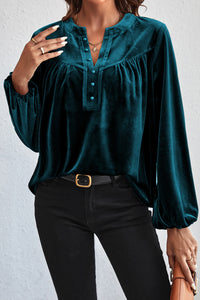 Lantern Sleeve Beaded Split V Neck Velvet Top