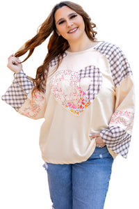 Plaid Floral Peace Heart Graphic Wide Long Sleeve Top