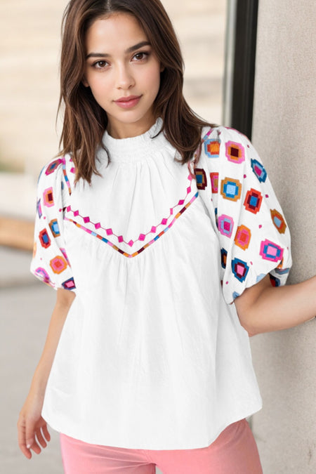 Embroidered Smocked Neck Puff Sleeve Top