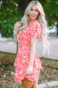 Floral V Neck Short Ruffle Tiered Dress
