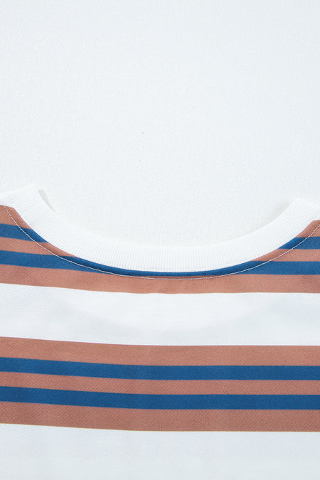 Brown Stripe Crew Neck Drop Shoulder Pullover Sweatshirt