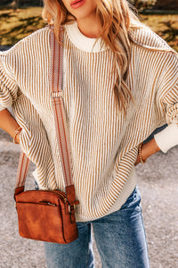 Striped Textured Knit Contrast Edge Loose Sweater