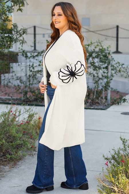 Flower Embroidered Drop Shoulder Open Front Duster Cardigan