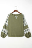 Plaid Patch Waffle Knit Exposed Seam Bubble Sleeve Top