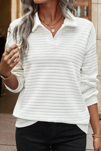 Quilted Texture Sporty Collared Long Sleeve Top