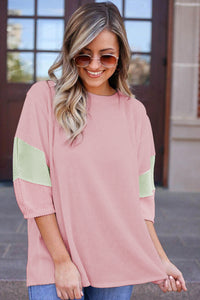 Color Block Ribbed Knit Quarter Sleeve Top