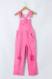 Pocketed Wide Leg Distressed Denim Overall