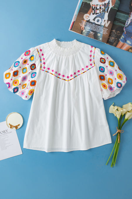 Embroidered Smocked Neck Puff Sleeve Top