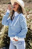 Stripe Zip up Collar Drop Shoulder Sweater