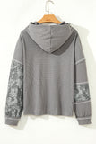 Gray Waffle Printed Patchwork Drawstring Hooded Long Sleeve Top