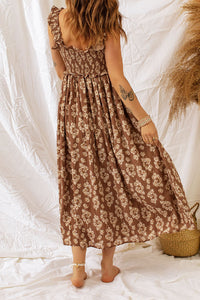Ruffled Straps Smocked Floral Maxi Dress