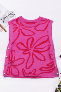 White Button Sides Sleeveless Floral Knitted Top