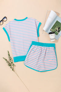 Pink Stripe Color Block Loose Fit Two Piece Shorts Set