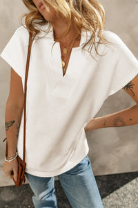 Textured V Neck Collared Short Sleeve Top
