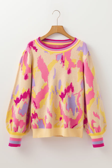 Abstract Print Colorblock Balloon Sleeve Sweater