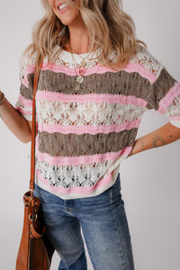 Color Block Crochet Half Sleeve Sweater