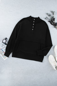 White Ribbed Hem Snap Button Neckline Sweatshirt with Pocket