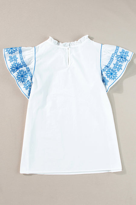 Embroidered Ruffled Sleeve Frilled Collar Blouse