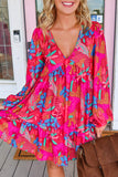 Floral Print V Neck Bubble Sleeve Ruffled Mini Dress