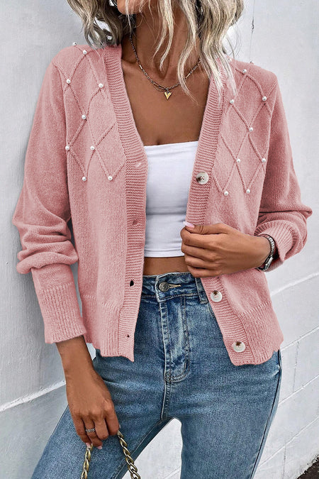 Textured Knit Pearl Beaded Button Up Cardigan