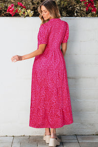 Flower Mock Neck Puff Sleeve Tiered Maxi Dress