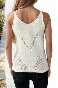 White Chevron Pointelle Knit Spaghetti Straps Sweater Vest