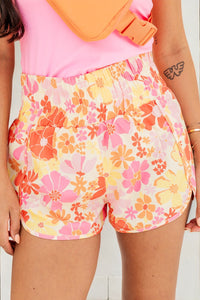 Pink Boho Floral Shirred High Waist Casual Shorts