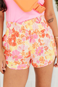 Pink Boho Floral Shirred High Waist Casual Shorts