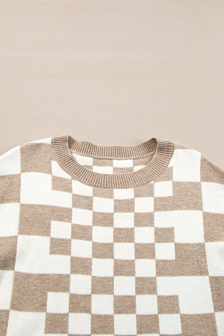 Checkered Drop Shoulder Round Neck Sweater