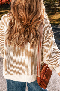 Striped Textured Knit Contrast Edge Loose Sweater