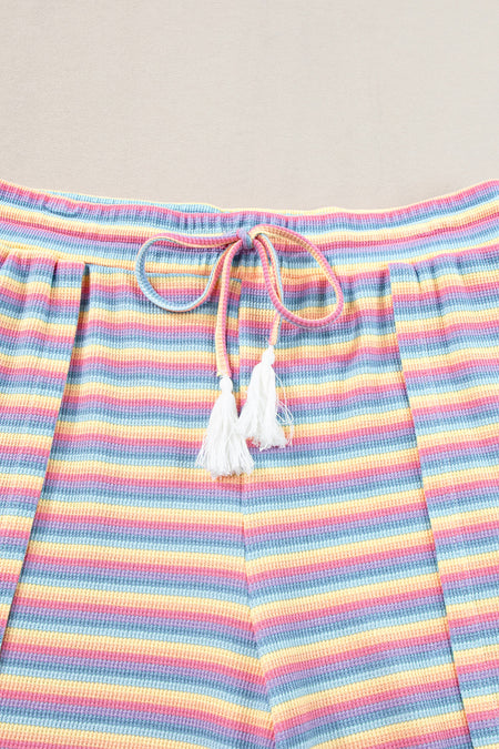 Stripe Rainbow Tee Tasseled String Wide Leg Pants Set