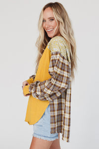 Floral Plaid Mixed Print Bishop Sleeve Patchwork Top