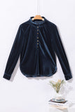 Navy Blue Frilled Neck Buttoned Front Velvet Top