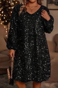 Plus Size Bubble Sleeve V Neck Sequin Dress