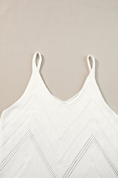 White Chevron Pointelle Knit Spaghetti Straps Sweater Vest