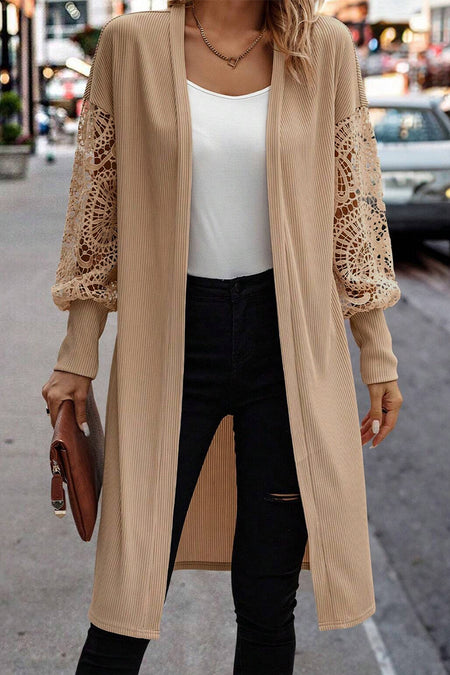 Lace Patchwork Ribbed Knit Open Front Duster Cardigan