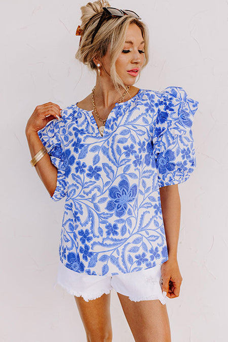 Floral Print Ruffled Bubble Sleeve Blouse