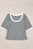 Striped Contrast Scallop Trim Half Sleeve T-shirt