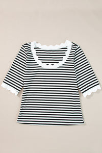 Striped Contrast Scallop Trim Half Sleeve T-shirt