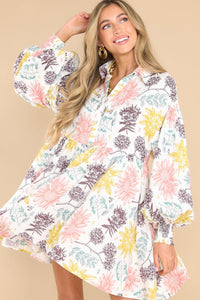 Collared Neck Bubble Sleeve Floral Dress