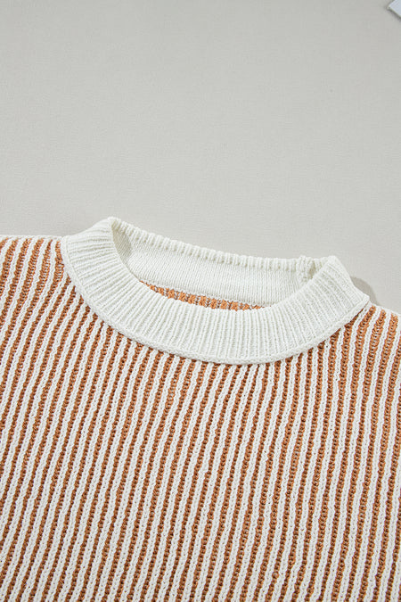 Striped Textured Knit Contrast Edge Loose Sweater