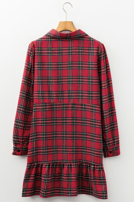 Plaid Half Button Long Sleeve Shirt Mini Dress
