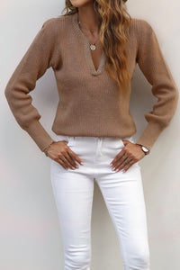 Braided Notched V Neckline Puff Sleeve Knitted Sweater